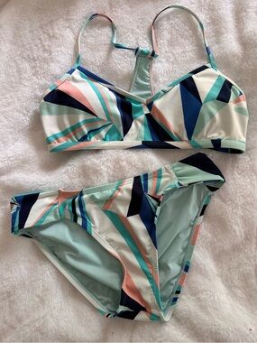 Carve Designs Geometric Print Two-Piece Bikini — Mint, Navy & Coral Small
